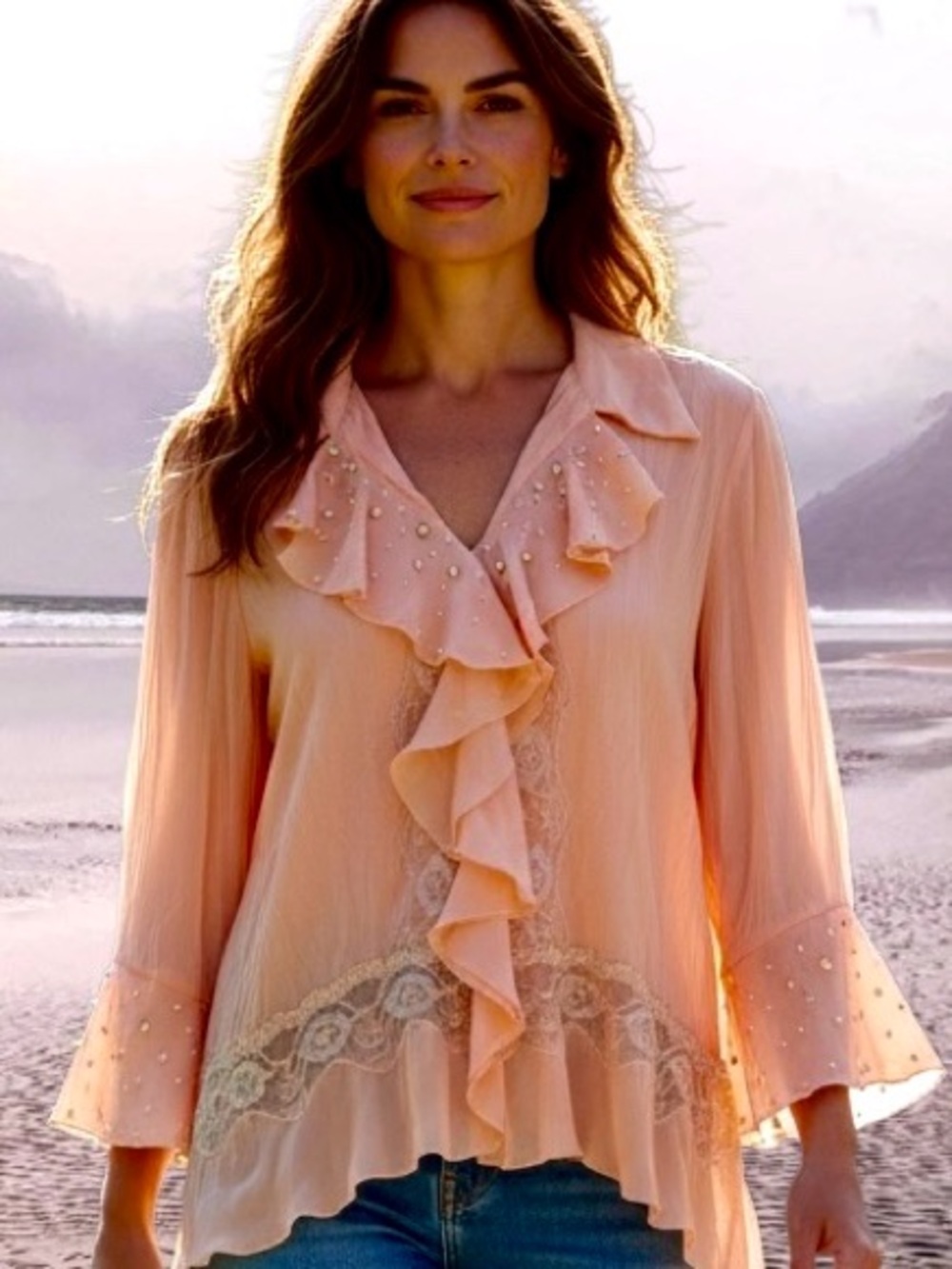 Peach Ruffle Lace-Trim Blouse - Women